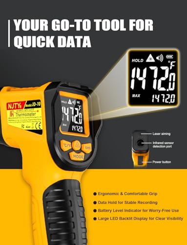 JD-10 Infrared Thermometer Gun, -58°F to 1472°F, 13-Point Laser | 0.5-second response and adjustable 0.10-1.00 emissivity for cooking, griddles, HVAC, automotive, and industrial surfaces - color: Yellow