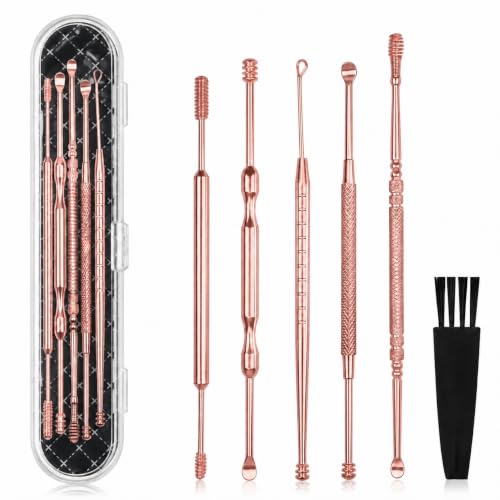 Hion 6 Pcs Ear Wax Removal Kit,Professional Double-Headed Ear Pick Earwax Removal Tools,316L Stainless Steel Ear Cleaner Curette with Cleaning Brush and Storage Box,Suit for Kid Adult(Rose Gold) - color: Rose Gold