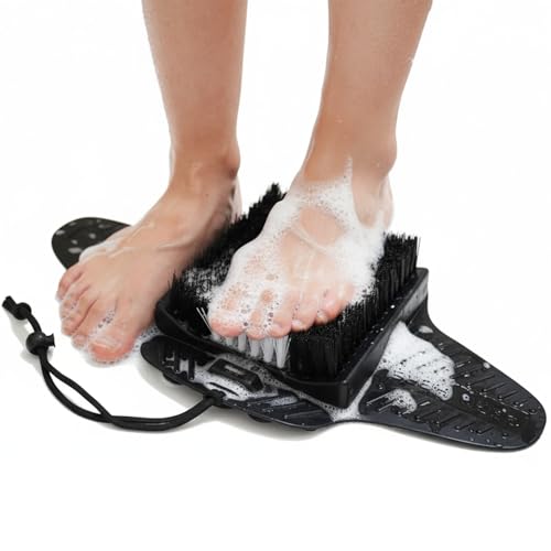 Efforest Shower Foot Scrubber Mat with Pumice Stone - Cleans, Smooths & Removes Dead Skin on Foot Without Bending, Foot Callus Remover with Non-Slip Suction Cups (Black) - color: Black