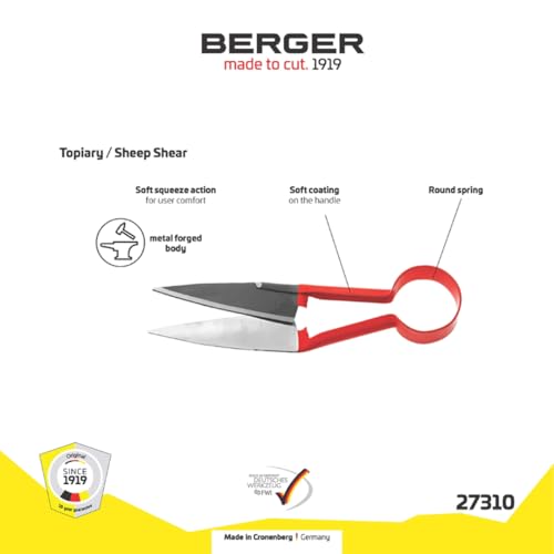 BERGER Sheep & Hedge Shears – 12.2" Forged Garden Shears with Self-Sharpening Heat-Treated Carbon Steel Blades, 5.5" Cutting Length, Round Spring – 27310