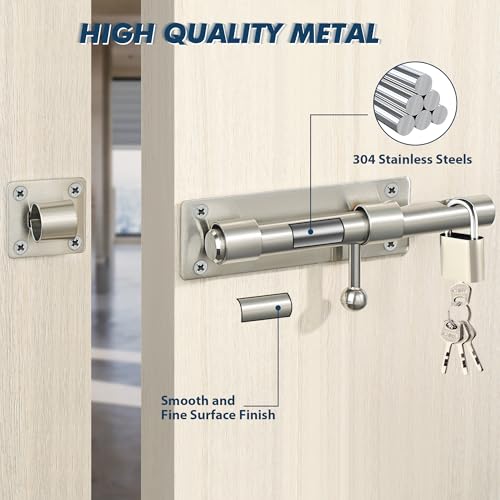 Alise 10 inch Barrel Bolt Latch,Heavy Duty Slide Lock for Barn Door | Brushed Nickel SUS304 Stainless Steel Padlock-Style Slide Bolt Latch,Security Gate Latch for Wooden Fence,Outdoor Door - color: Brushed Nickel, size: 10 Inch