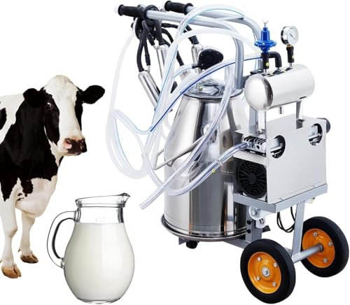 Cow Milking Machine Portable, 55KPA 15000 RPM Electric Milker Machine | Milking Equipment with 25 L/6.6 gal Stainless Steel Bucket 5-8 Cows Per Hour with Silicone Cups and Tubes for Cows and Goats