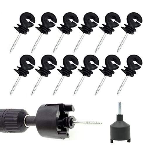60 Pcs Electric Fence Insulator Screw-in Ring Post Wood with Tool | 1 Pcs Free Insulator Socket Tool, Black
