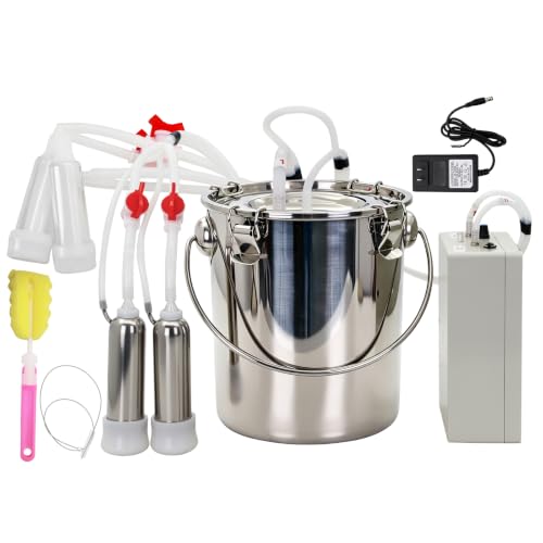 2-in-1 Goat and Cow Milking Machine, 3.7Gal Stainless Steel Bucket with 5200mAh Built-in Rechargeable Battery, Cordless Electric Vacuum Pulsator, 4 Teat Cups, Portable Electric Milking Machine (7L)