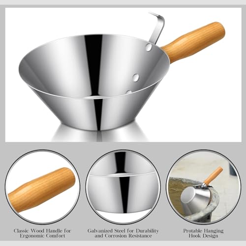 Galvanized Steel Bucket Scoop Wood Handle Strong Heavy Duty Rust Resistant Bucket Scoop for Construction Jobsite Landscaping Garden Stucco Tools for Outdoor Material Handling
