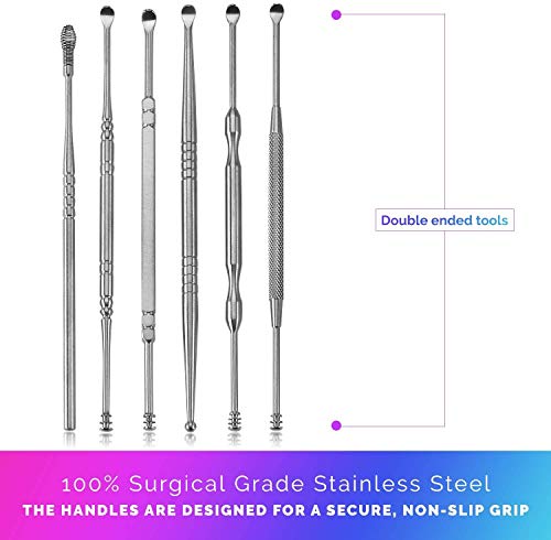Stainless Steel Ear Curette Cleansing Kit - 6 Piece Set with Spiral Spring Pick Unclogger, Thorough Ear Wax Removal and Storage Case