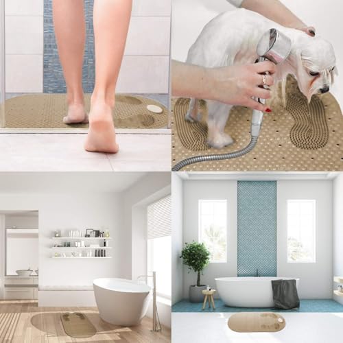 Shower Mats Bath Mat Non Slip Bath Mats for Tub Grinding Floor Massage Mat Foot Scrubber with Removable Pumice Stone 15.7 x 31.4 inch Soft Bathtub Mat with Suction Cups & Drain Holes (Beige) - color: Beige