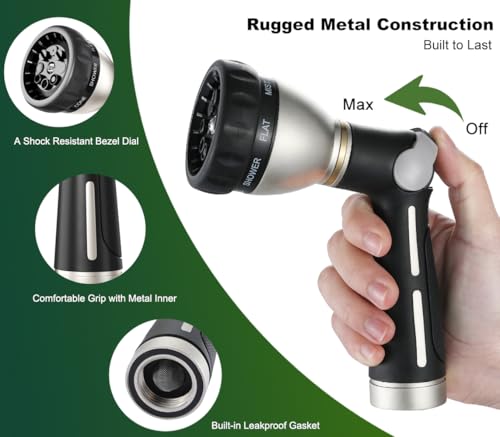 FANHAO Metal Thumb Control Garden Hose Nozzle Heavy Duty, 8 Spray Patterns | Rustproof Zinc Alloy, Non-Slip Ergonomic Grip, Leakproof High Pressure Water Nozzle Sprayer for Garden, Patio, Car & Pet - color: Black
