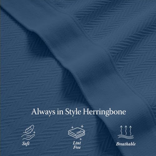 Threadmill Luxury Cotton Blankets for Twin Size Bed | All-Season 100% Cotton Twin Blanket for Bed | Herringbone Soft & Cozy Fall Thermal Blanket, 350GSM, 68x92 inches | Folkstone Blue | All-Season Thermal Throw Blanket, Soft & Breathable, Cozy Moisture-Wi