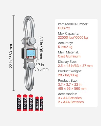VEVOR Digital Crane Scale, 22000 lbs/10 T Max Capacity, Heavy Duty Industrial Hanging Scale with Cast Aluminum Case & LCD Display, 5 lbs Division & 3 Unit Switch, Remote Control for Garage Factory
