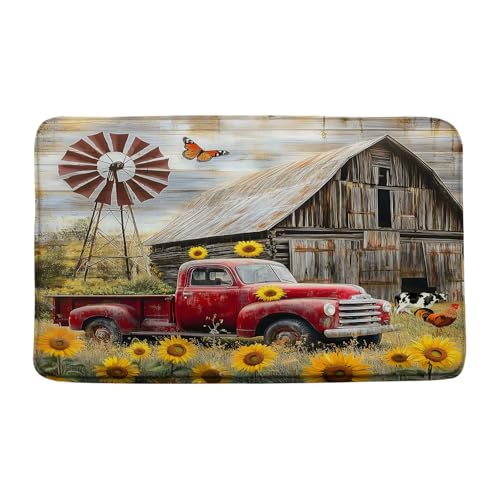 Rustic Farmhouse Bath Mat Retro Red Truck Farm Barn Windmill Sunflower Vintage Country Nature Scenery Memory Foam Home Office Door Bathroom Decor Mat,24"x70" - size: 2' x 5'10" (Rectangular)