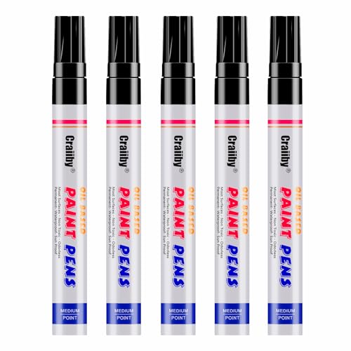 Black Paint Markers, 5 Pack Oil-Based Waterproof Quick Dry Permanent Paint Pen Set for Rocks Painting, Wood, Fabric, Plastic, Canvas, Glass, Mugs, Metal, Tire, Stone, DIY Craft - color: Black
