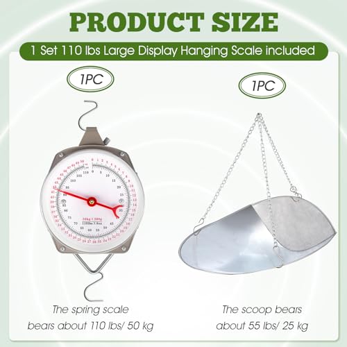 Tellegloww 1 Set 110 lbs Large Display Hanging Scale with Scale Scoop Kitchen Dial Weight Scale Silver Industrial Spring Scales for Shopping Traveling Food Produce Weighing