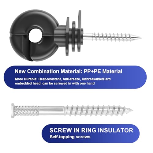 Electric Fence Insulators, 100 PCS Self-Tapping for Wood Posts | Ranch & Farm Fencing, PP+PE, 3.7-Inch Insulators, 1.8-Inch Self-Tapping Screw, Fits Polywire, Tape, Rope, Steel Wire