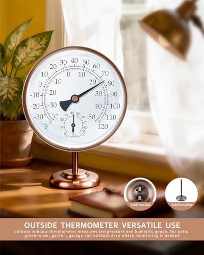 4-Inch Solid Brass Analog Thermometer Hygrometer with Stand | Solid brass, battery-free dual-scale dial for desks, offices, bedrooms, garages and RV interiors