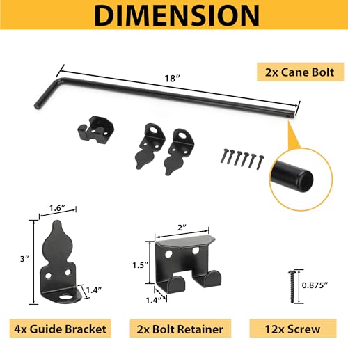 18" Heavy Duty Cane Bolts for Gates with Black Rustproof Powder Upgraded Hardware Gate Drop Rod for Wood PVC Vinyl Fences Gates, Double Doors-2 Pack - size: 18 Inch-2pack