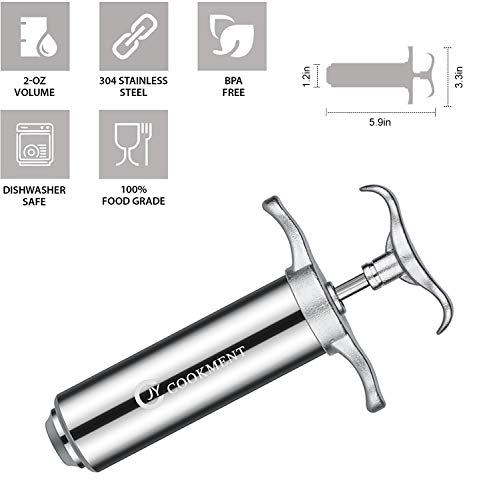 Meat Injector Syringe 2-oz Marinade Flavor Barrel 304 Stainless Steel with 3 Professional Needles 2 Cleaning Brushes and 4 Silicone O-Rings