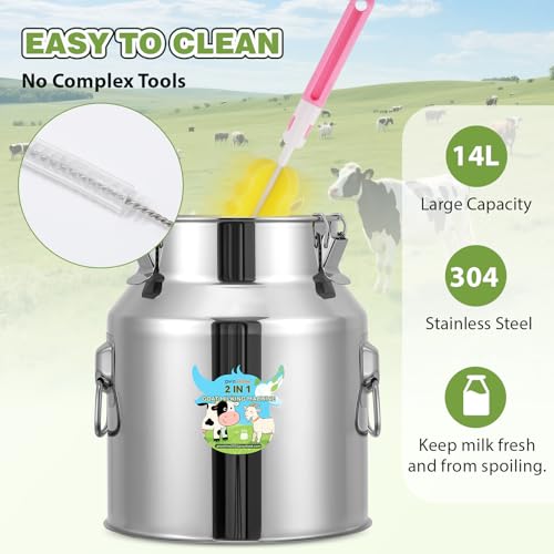 Upgraded 2-in-1 Goat Milking Machine 14L, Vacuum Pulsation Milker | Battery Powered Goat Milker with 4 Teat Cups, for Goat Cow, Auto Stop, 304 Stainless Steel Bucket, Pulsation Pulsation System - size: 14L