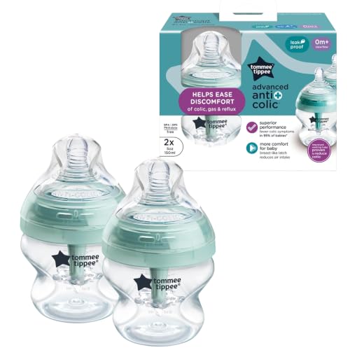 Tommee Tippee Advanced Anti-Colic 5 oz BPA Free Baby Bottles, Newborn 0+ Months, Slow Flow Breast-Like Nipple, Unique Design Keeps Air Away from Milk and Baby, Clear, Pack of 2 | Pack of 2, Slow Flow Breast-Like Nipple, Unique Design Keeps Air Away from M