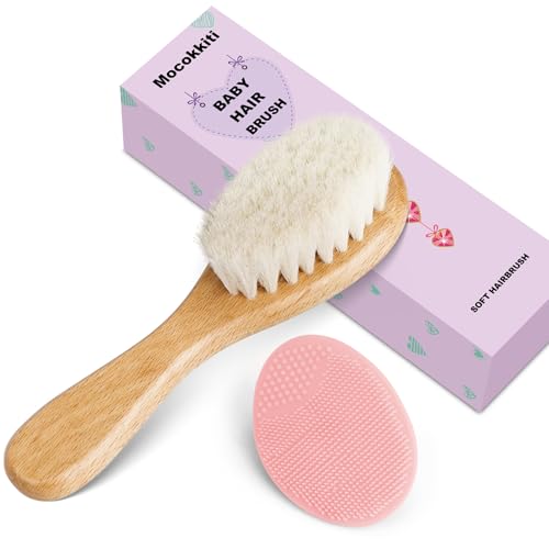 Baby Hair Brush and Pink Cradle Cap Brush Set for Newborns and Toddlers, Wooden Baby Hair Brush Set with Soft Goat Bristle, Baby Hair Care Kit (2PCS) - color: Pink