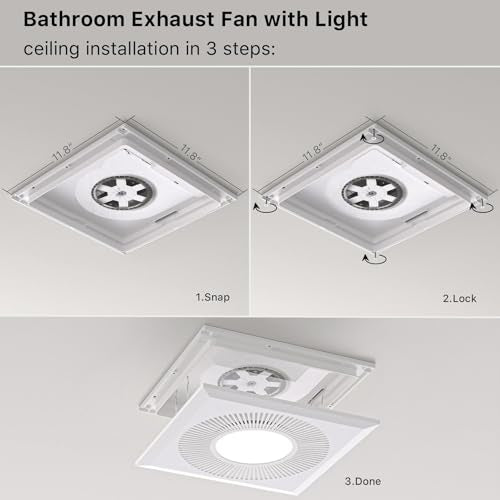 Bathroom 12IN Exhaust Fan with Light 165CFM 3CCT Shower Bathroom Vent Fan with 1400lm Led Light Combo Quiet 1.2 Sones Bath Ceiling vent with Adjustable Led Light (6500k Matte White) | Bathroom Vent Fan with Light Ceiling Mount 3CCT 1400lm LED Light 9.84"x