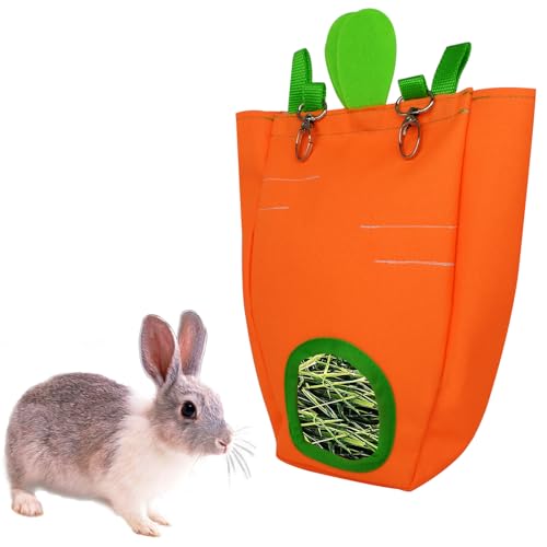 Carrot Shaped Rabbit Hay Feeder Bag, 1680D Oxford Cloth Hanging Timothy Hay Dispenser for Wire Cage, Less Waste Foldable Hay Storage Manger for Bunny Guinea Pig Chinchilla Hamster