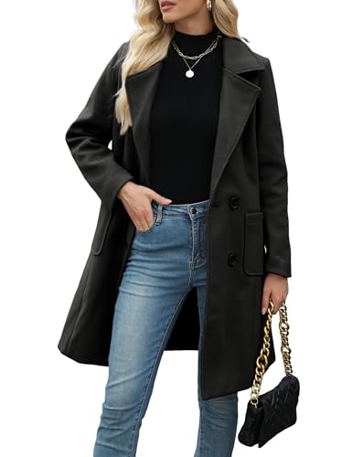 Women Winter Wool Blend Camel Mid-Long Coat Notch Double-Breasted Lapel Jacket Outwear - color: Black, size: X-Large