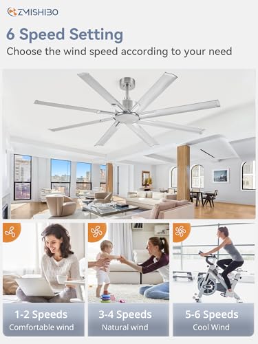 ZMISHIBO 65 Inch Ceiling Fan without Light, 8 Aluminum Reversible Blades | Industrial-Grade, DC Motor, Damp Rated, 6 Speeds, Remote Control, 3 Downrods, Flat/Sloped Ceiling, Living Room, Patio, Gym - color: Nickel, size: 65inch