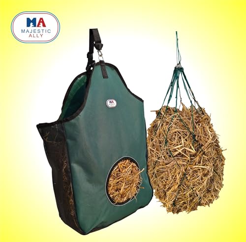Majestic Ally 1200 D Hay Feeder Tote Bag for Horses, Sheep with Reflective Trim- Reduces Waste - Comes with 36” Hay Net. (Hunter Green) - color: Hunter Green