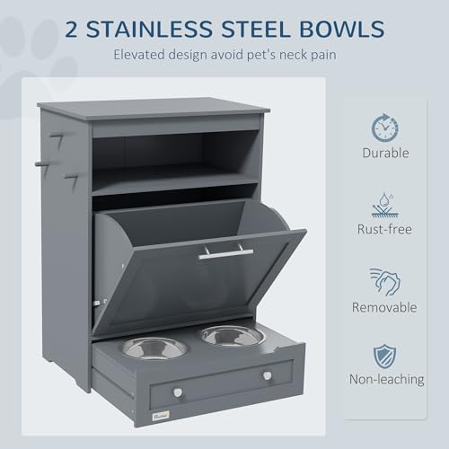 PawHut Dog Feeding Station with Raised Bowls, Pet Feeder Station, Gray | Dog Food Storage Cabinet, Hanger for Feeding & Watering Supplies - color: Gray