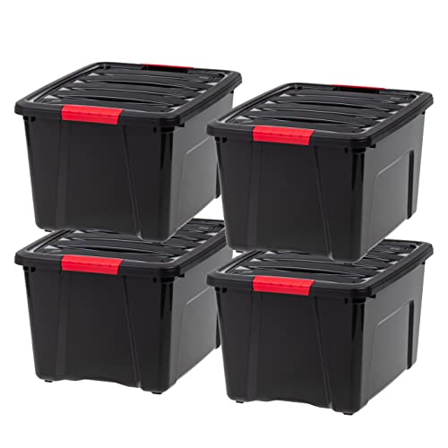 IRIS USA 4-Pack 40 Quart Storage Bins with Lids, Black | Black finish conceals stored items. Perfect for moving, blankets, clothing, and garage storage. Nestable design saves space - size: 40 Qt, style: 4 Pack