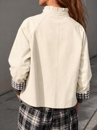 Cicy Bell Womens Ruffle Short Trench Coat Single Breasted Cropped Jackets | Stand Collar, Fall Jackets, Outerwear Coats, Button Down, Plaid Cuffs - color: Apricot, size: XX-Large