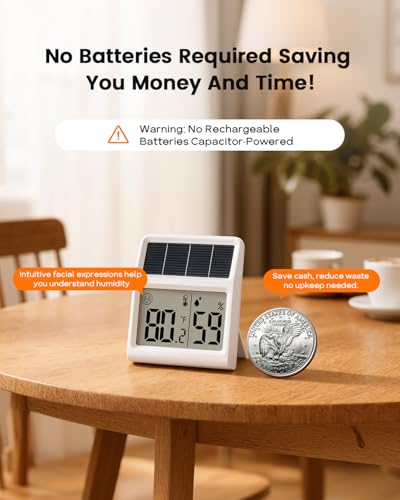 Digital Indoor Thermometer & Hygrometer, Light Powered (No Rechargeable Batteries Runs Only on Real-time Light Exposure) Solar Indoor Temperature and Humidity Monitor, Humidity Gauge - color: White