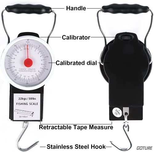 Goture Fishing Hanging Scale Mechanical Kitchen and Fish Fishing Scale Multi-Purpose Portable Hand Held Dial Weight Scale with Tape Measure (50 Lbs / 22Kg) - color: Fishing Hanging Scale