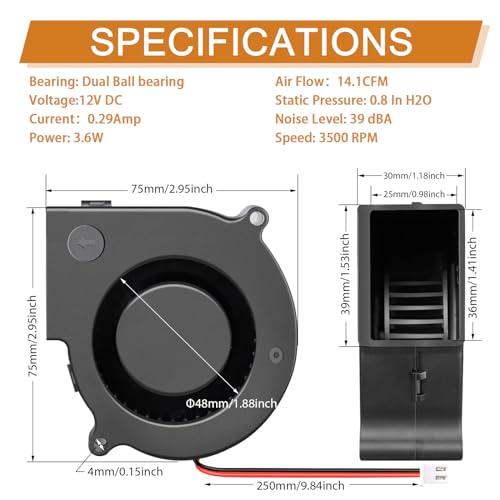 Small 12V DC 75mm x 30mm Centrifugal Brushless Blower Fan High Speed Inflatable Turbo Fan Replacement Dual Ball Bearing 2Pin - style: 75 x 30 12v2p