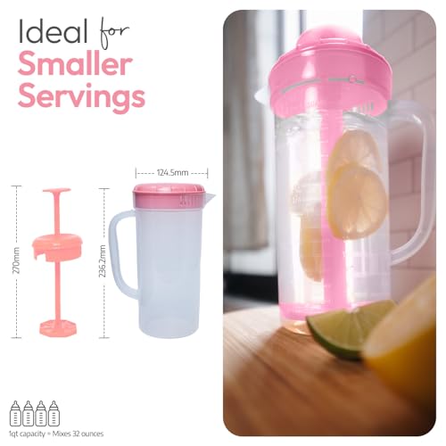 1 Quart Plastic Mixing Pitcher with Mixing Lid, BPA Free, Shatterproof Beverage Jug for Iced Tea, Lemonade, Juices, Milk – Leak-Proof, Easy Stirring, Dishwasher Safe | Pink - color: Pink, Mixing Pitcher w/ Opt. Lid