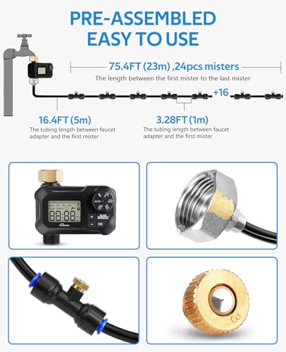 Automatic Misting Cooling System with Timer, 91.8FT Misting Line | 24 Brass Nozzles, 3/4" Brass Adapter, For Patio Misting, Grenhouse Watering & Chicken Coop Cooling - size: 91.8FT / 28M