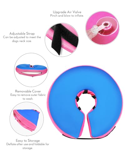 MIDOG Inflatable Dog Cone, Donut Recovery Collar After Surgery, X-Small | Soft inflatable donut e-collar; stops licking after surgery; pet eats & sees normally; neck 6-9 in (XS); not for chewers - color: PinkBlue, size: X-small (Neck:6"-9")