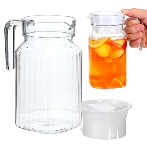20oz Small Slim Plastic Pitcher with Lid (600ml) - Shatterproof Acrylic Water Pitcher for Fridge Door - Clear Striped Plastic Juice Pitcheres & Cocktail Shaker Carafe with Handle