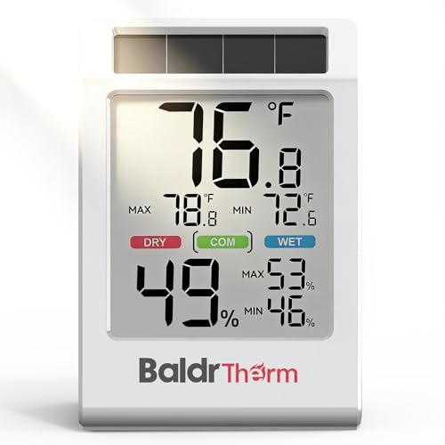 BALDR Solar Indoor Thermometer Hygrometer, Max/Min, Comfort Meter (White) | Solar & Battery Dual Power |No Setup or App Required |Clear Comfort Level Indicator |Flexible Desk or Wall Placement - color: White