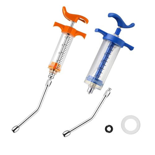 2 Set Feeding Syringe with 2 Drench Nozzle, Adjustable Dosage, Reusable Drench Gun Syringe for Small Animals Newborn Pet Livestock, Small Sheep Pig Dog Cat Bird Pig Feeding Nursing Supplies(20ML+50ML) - size: 20ML+50ML