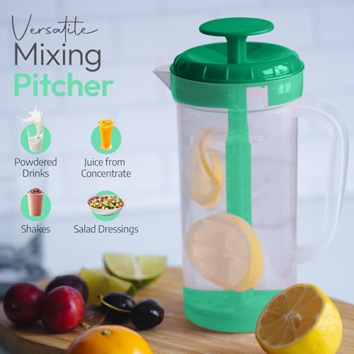 1 Quart Plastic Mixing Pitcher with Mixing Lid, BPA Free, Shatterproof Beverage Jug for Iced Tea, Lemonade, Juices, Milk – Leak-Proof, Easy Stirring, Dishwasher Safe | Green - color: Green, Mixing Pitcher w/ Opt. Lid