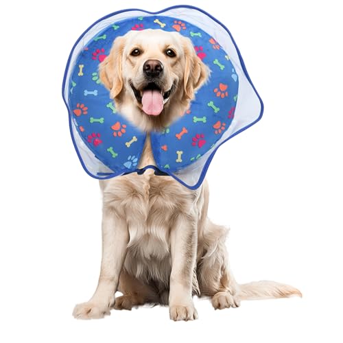 Inflatable Dog Cone Collar, Adjustable Size Soft PVC 2-in-1 Dog Donut Collar After Surgery with Detachable, Inflatable Collar for Small Medium Large Dogs and Cats (Blue, XL)