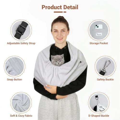 Hands-Free Cat Sling Carrier for Small Dogs & Cats, Soft Fleece | Wide Shoulder Strap for Back Pain Relief, 3-14 lbs Small Animals, Cozy Indoor/Outdoor (Grey) - color: Grey