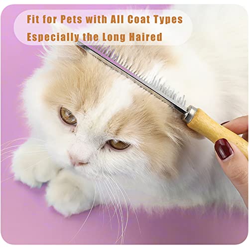 Dog Cat Grooming Comb with Wooden Handle Stainless Steel Teeth, Pet Grooming Supplies Accessories for Hairy Pets (Dual Teeth) - color: Dual Teeth