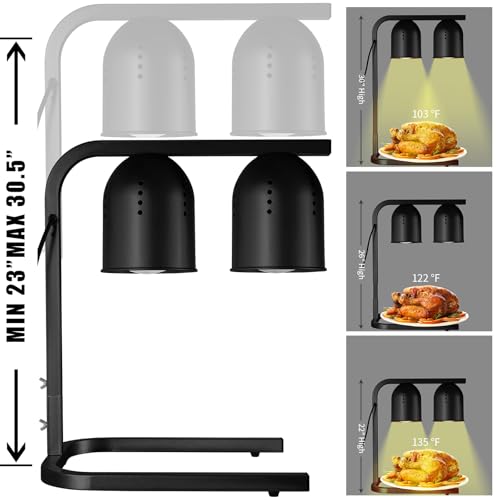 Food Heat Lamp with 2 x 250W Bulbs, 5000+ Hour Lifespan, Black | 12"×20" Warming Area, UL-Tested, Adjustable Height Stand 22"-30", Commercial & Home Use Restaurant Buffet Bakery Catering - color: Black