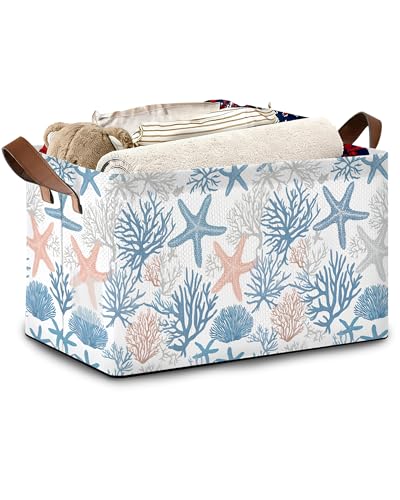 Starfish Coral Storage Basket with Handles,Shell Collapsible Rectangle Organizer Bin for Room Decoration Books Box Baskets 17x11.5x10Inch - color: Starfish Coral Shell