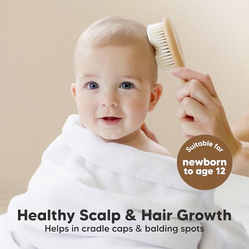 Wooden Baby Hair Brush Set for Newborns, Toddler Comb (Walnut, Petite) | Soft Goat Bristle, Baby Brush and Comb Set, Infant Grooming Kit, Cradle Cap Care, Durable & Gentle, Boy, Girl Bath Essential - color: Walnut, size: Oval, Petite 5"