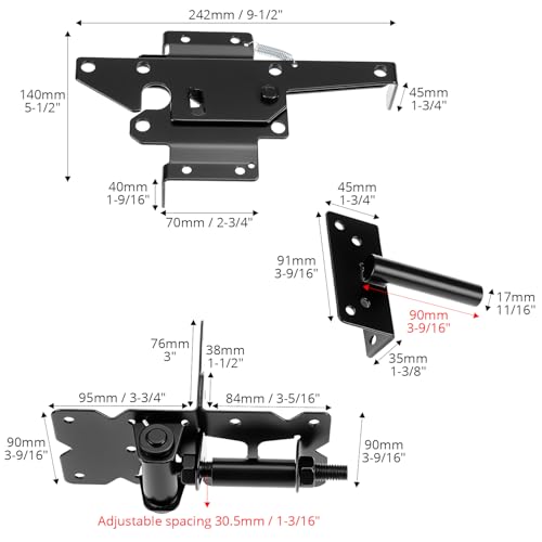 QWORK Heavy-Duty Self-Closing Gate Kit - 2 Sets, Hinges and Latch, Gate Hardware Kit, Includes 2 Latches, 4 Hinges