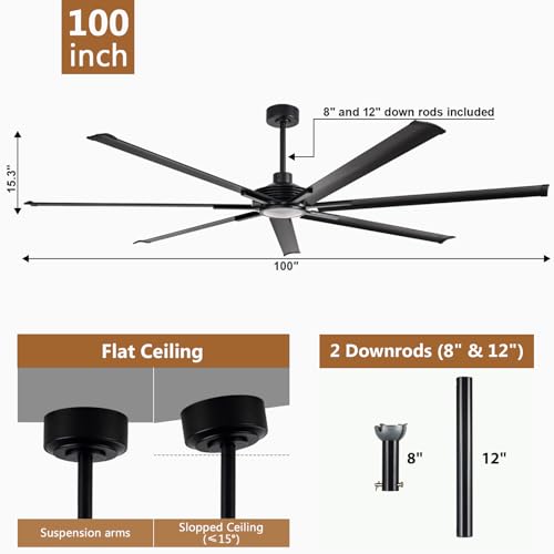 100" Large Commercial Ceiling Fan Lights & Remote - Damp-Rated Outdoor Ceiling Fans for Patios, Modern Industrial Design, 6-Speed, Dimmable LED, Use for House, Shop, Garage,High-Traffic Areas - color: 100" Black, size: 100-inch